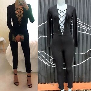 Catsuit jumpsuit long sleeve plunge lace up xs 00